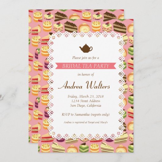 かわいいカラフルのケーキのイラストレーションの花嫁のお茶会 招待状 (正面/裏面)