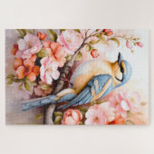 かわいいカラフルの花の枝の上の鳥 ジグソーパズル (横)