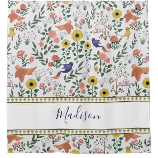 かわいいカラフルぼほ鳥と花の柄 シャワーカーテン (正面)