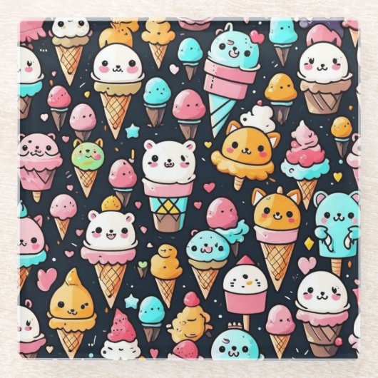 かわいいカラフルアイスクリームコーン ガラスコースター (正面)