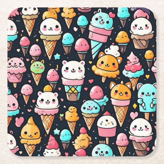 かわいいカラフルアイスクリームコーン スクエアペーパーコースター (正面)