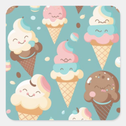 かわいいカラフルアイスクリーム スクエアシール (正面)