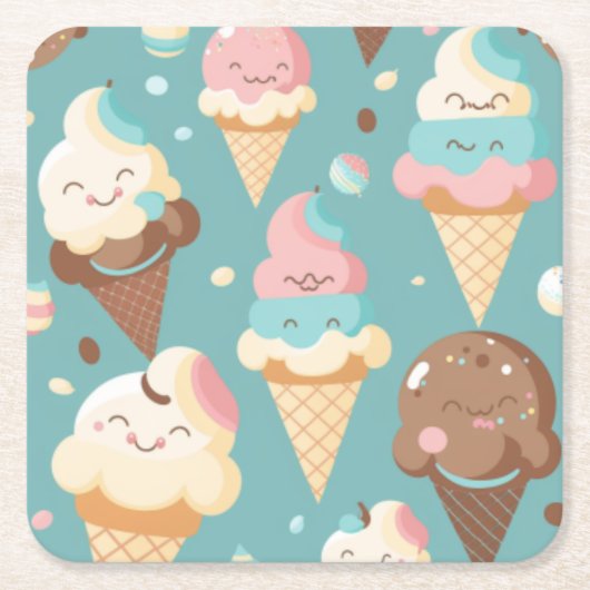 かわいいカラフルアイスクリーム スクエアペーパーコースター (正面)