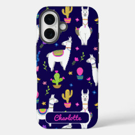 かわいいカラフルアルパカサボテンカスタムネームダークブルー iPhone 16ケース