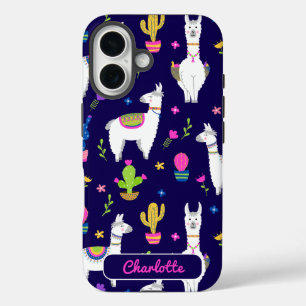 かわいいカラフルアルパカサボテンカスタムネームダークブルー iPhone 16ケース