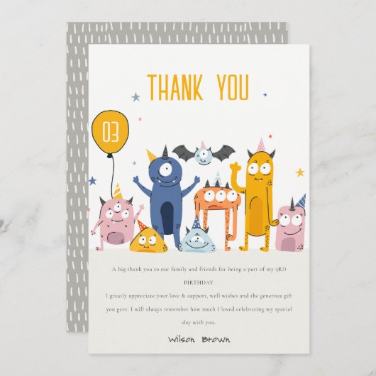 かわいいカラフルイエローパーティーモンスターズ子供の誕生日 サンキューカード (正面/裏面)