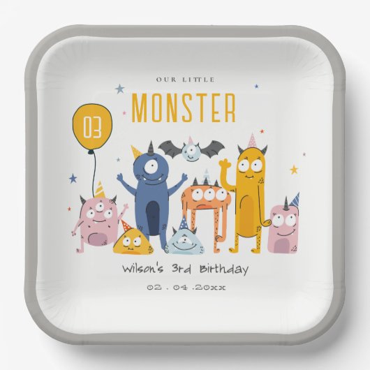 かわいいカラフルイエローパーティーモンスターズ子供の誕生日 ペーパープレート (正面)