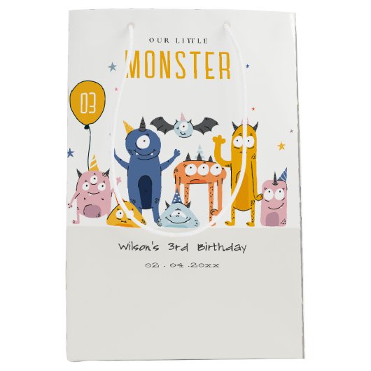 かわいいカラフルイエローパーティーモンスターズ子供の誕生日 ミディアムペーパーバッグ (正面)