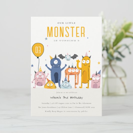 かわいいカラフルイエローパーティーモンスターズ子供の誕生日 招待状 (スタンド正面)