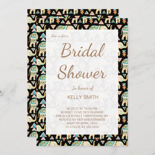 かわいいカラフルインディアンゾウブライダルシャワー 招待状 (正面/裏面)