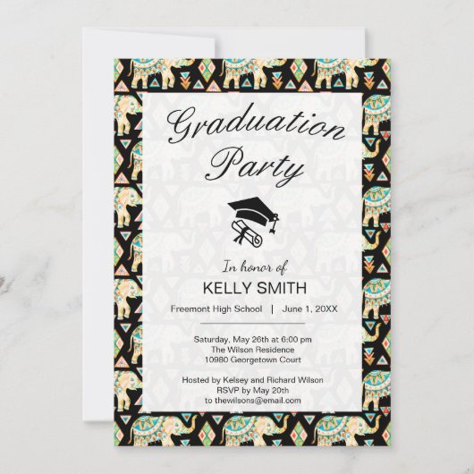 かわいいカラフルインディアンゾウ卒業パーティー 招待状 (正面)