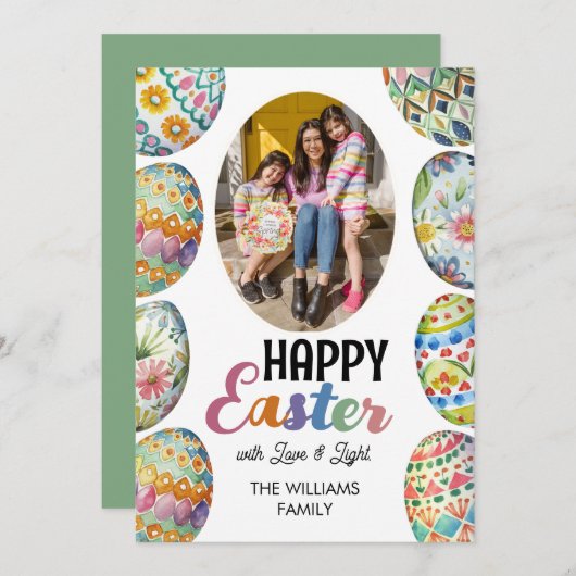 かわいいカラフルイースターエッグ写真グリーティンググリーン シーズンカード (正面/裏面)