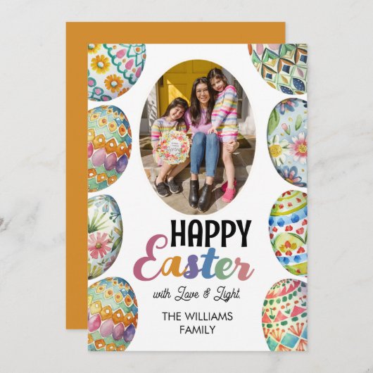 かわいいカラフルイースターエッグ写真挨拶オレンジ シーズンカード (正面/裏面)