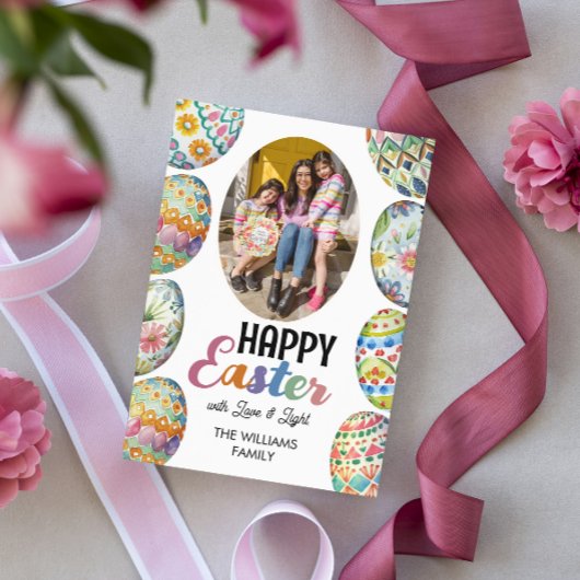 かわいいカラフルイースターエッグ写真挨拶ピンク シーズンカード