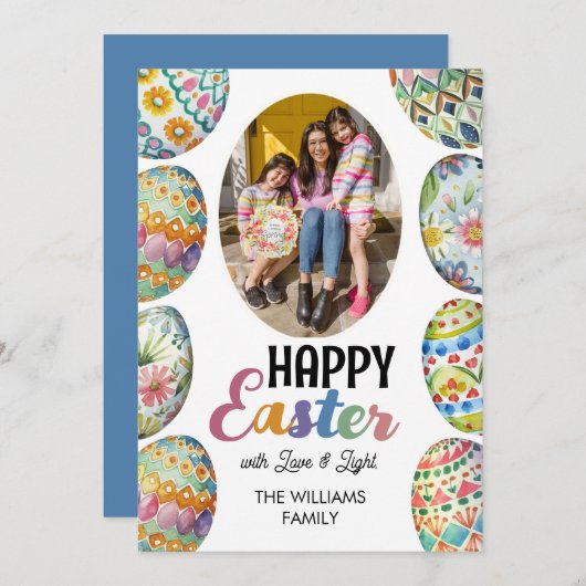 かわいいカラフルイースターエッグ写真挨拶ブルー シーズンカード (正面/裏面)