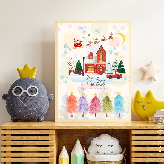 かわいいカラフルウォーターカラークリスマス子供部屋デコール ポスター