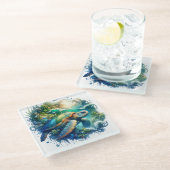 かわいいカラフルウミガメのコースター ガラスコースター (アングル)