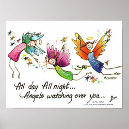 かわいいカラフルエンジェルズウォッチングオーバーベビースケッチ ポスター