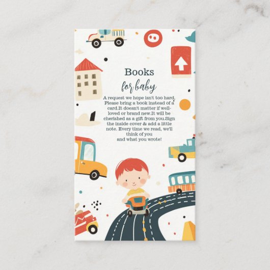 かわいいカラフルカーボーイ赤ちゃんシャワーベビー本 エンクロージャーカード (正面)