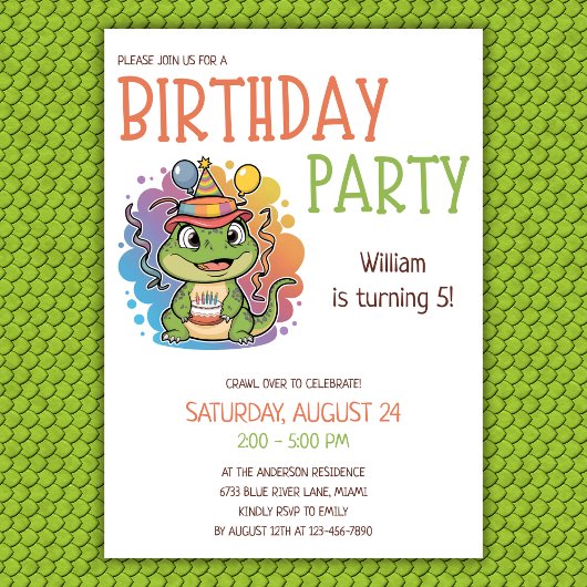 かわいいカラフルキッズ爬虫類テーマ誕生日パーティー 招待状