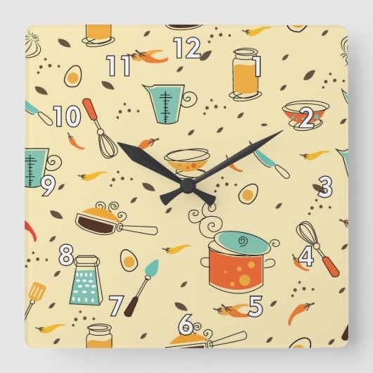 かわいいカラフルキッチン用品 スクエア壁時計 (正面)