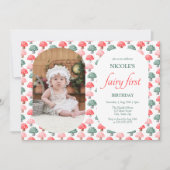 かわいいカラフルキノコ写真フェアリー最初の誕生日 招待状 (正面)