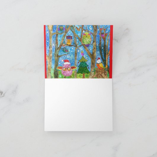 かわいいカラフルクリスマスのフクロウのグリーティングカード シーズンカード (内部)