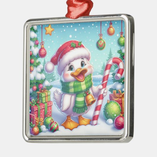 かわいいカラフルクリスマスアヒル メタルオーナメント (左)