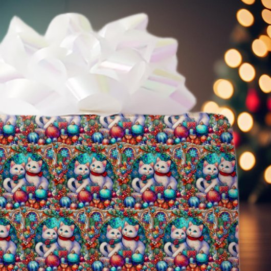 かわいいカラフルクリスマス猫ステンドグラス ラッピングペーパー