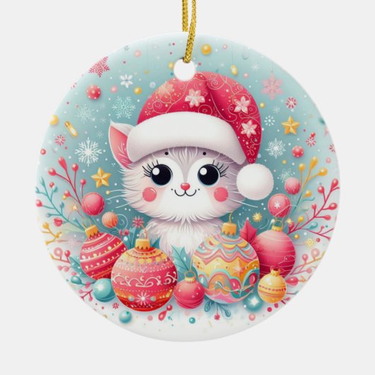 かわいいカラフルクリスマス猫 セラミックオーナメント (正面)