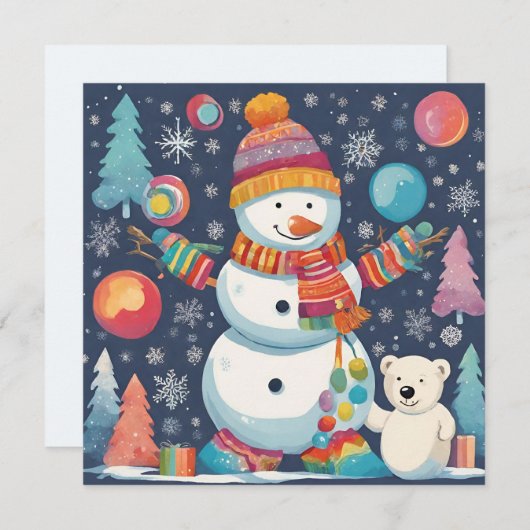 かわいいカラフルクリスマス雪だるま シーズンカード (正面/裏面)
