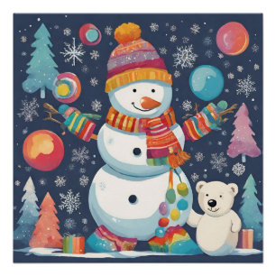 かわいいカラフルクリスマス雪だるま ポスター