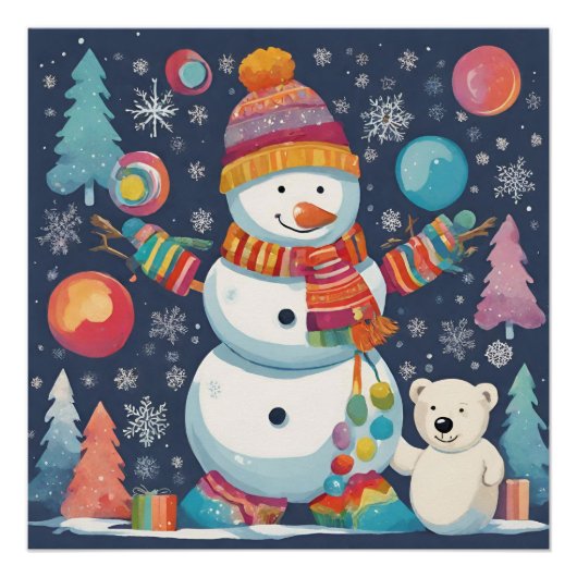 かわいいカラフルクリスマス雪だるま ポスター (正面)