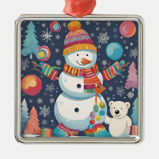 かわいいカラフルクリスマス雪だるま メタルオーナメント (正面)
