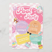 かわいいカラフルサマースイミングプールパーティー誕生日 招待状 (正面/裏面)