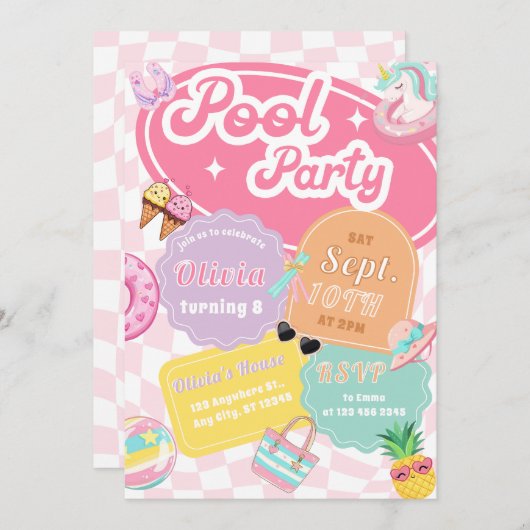 かわいいカラフルサマースイミングプールパーティー誕生日 招待状 (正面/裏面)