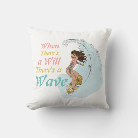 かわいいカラフルサーファーガールおもしろい感動的引用文 クッション (正面)