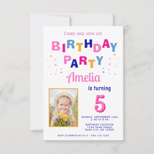 かわいいカラフルスターガールフォト誕生日 招待状 (正面)