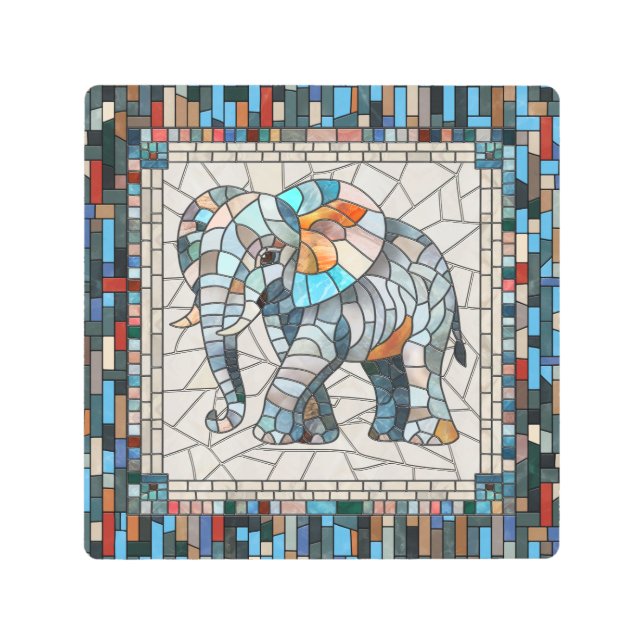 かわいいカラフルゾウのモザイクアート メタルプリント (正面)