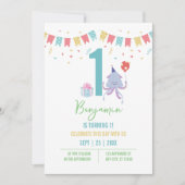 かわいいカラフルタコ風船バナー1st誕生日 招待状 (正面)