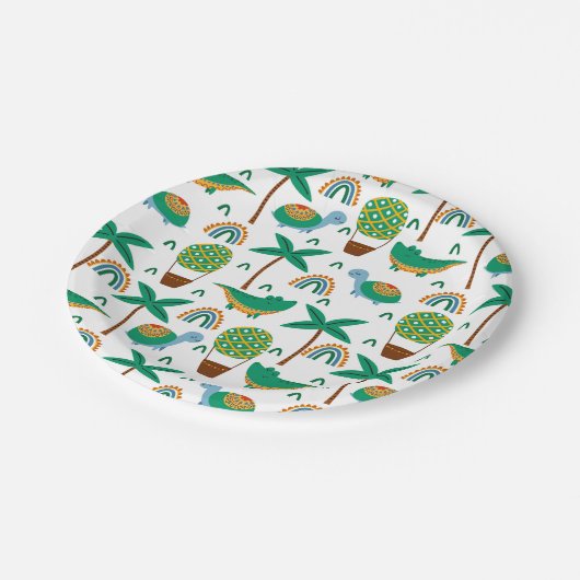 かわいいカラフルタートルアリゲーターレインボーパターン ペーパープレート (アングル)