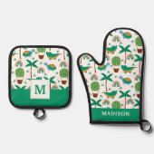 かわいいカラフルタートルアリゲーターレインボーパターン 鍋つかみ&鍋敷きセット (正面)