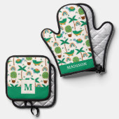 かわいいカラフルタートルアリゲーターレインボーパターン 鍋つかみ&鍋敷きセット (正面/裏面)