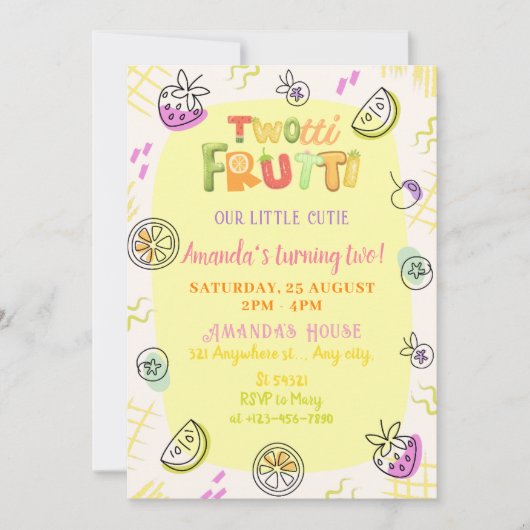 かわいいカラフルトゥッティフルーティ2nd誕生日 招待状 (正面)