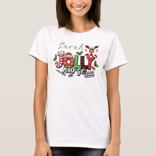 かわいいカラフルナースクリスマスギフト名前をカスタムする Tシャツ (正面)