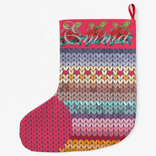 かわいいカラフルニットパーソナライズされた ラージクリスマスストッキング (裏面)