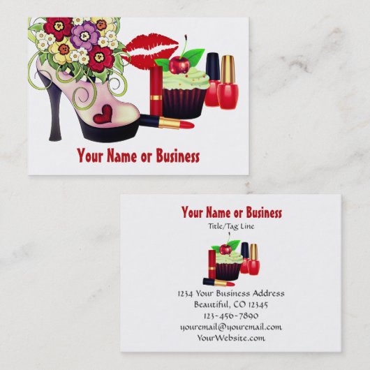 かわいいカラフルハイヒールカップケーキメイクアップネイルサロン 名刺 (正面/裏面)