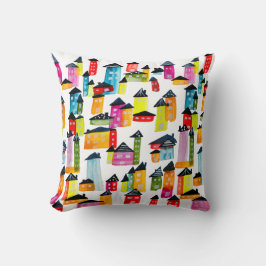 かわいいカラフルハウス水彩画 クッション
