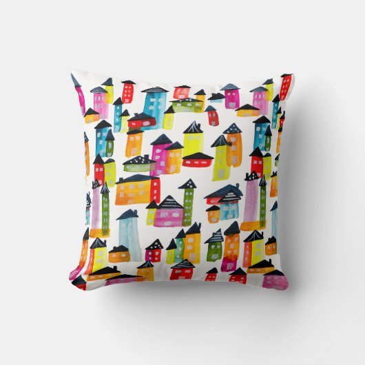 かわいいカラフルハウス水彩画 クッション (正面)