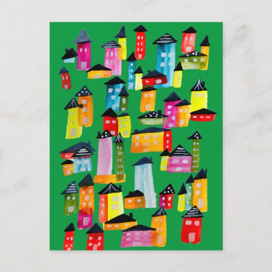 かわいいカラフルハウス水彩画 ポストカード (正面)